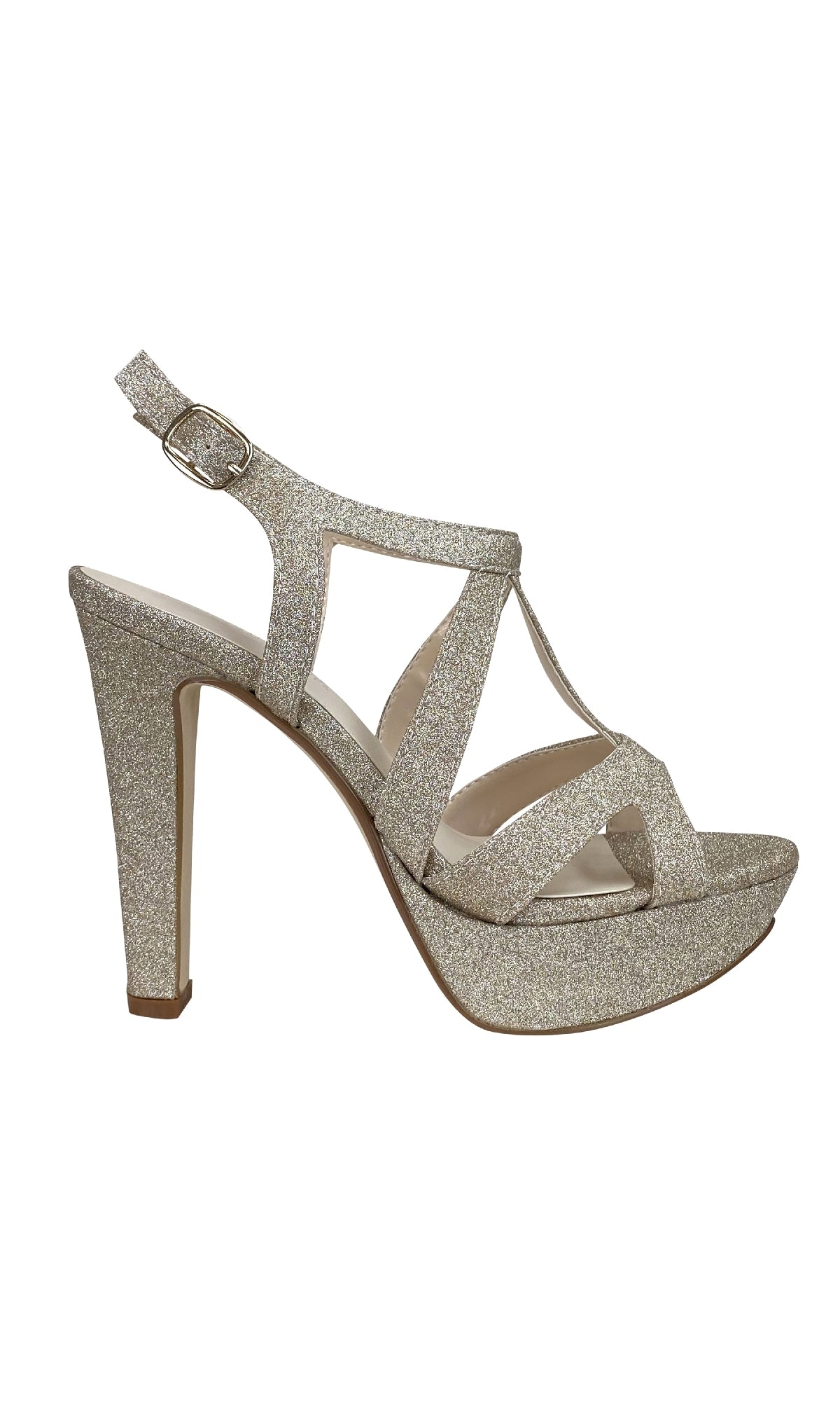 The Queenie Champagne Glitter Prom Shoes: Touch Ups 4223 feature a silver glitter T-strap design, open toe, platform sole, ankle buckle, and a 4-inch block heel—ideal for dazzling prom nights or special events.
